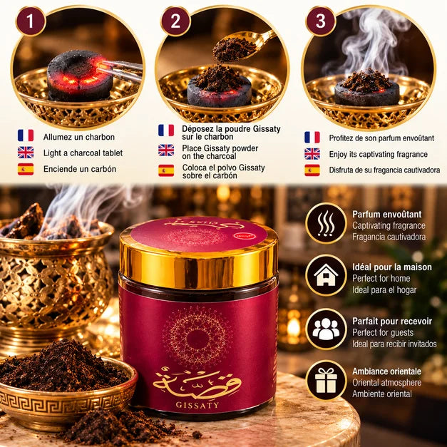 Incenso GISSATY in polvere – Bakhoor orientale floreale e fruttato 80g – barattolo bordeaux