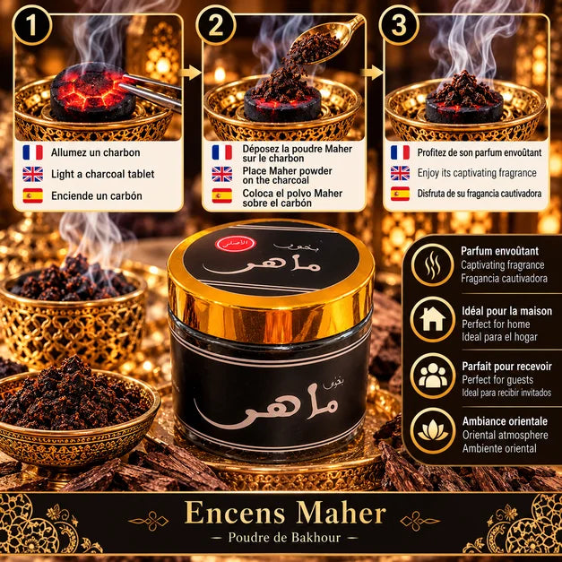 Incenso MAHER in polvere – Bakhoor orientale al legno di oud e note muschiate 80g – barattolo nero