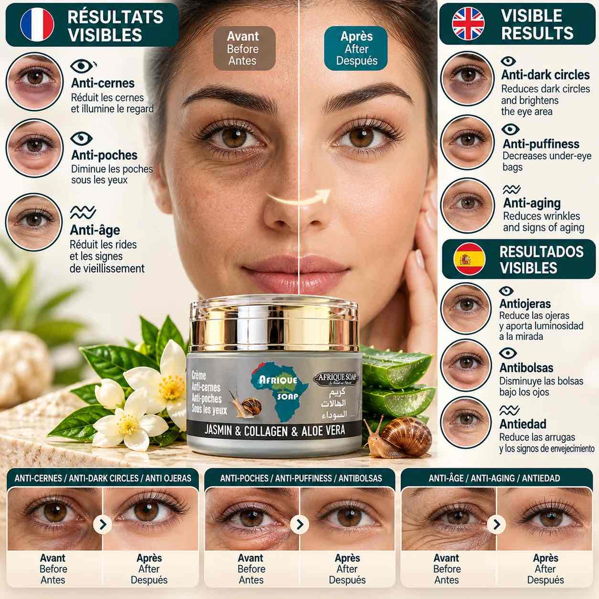 Crème contour des yeux à l’huile d’amande douce, au beurre de karité, à l’aloe vera et au jasmin
