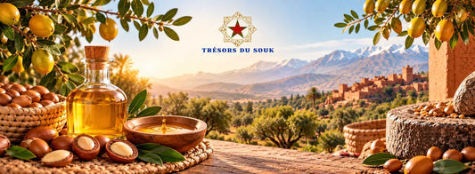 Bannière de Trésors du Souk présentant l’huile d’argan marocaine, ses fruits, ses amandons et son terroir traditionnel, avec un paysage d’arganeraie et le logo de la boutique.