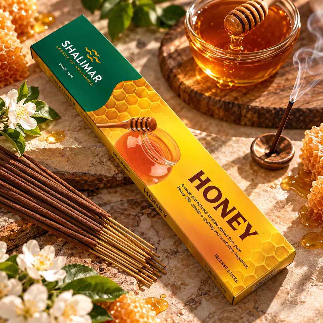 Boîte de bâtonnets d’encens Honey à la senteur miel SHALIMAR, Since 1976