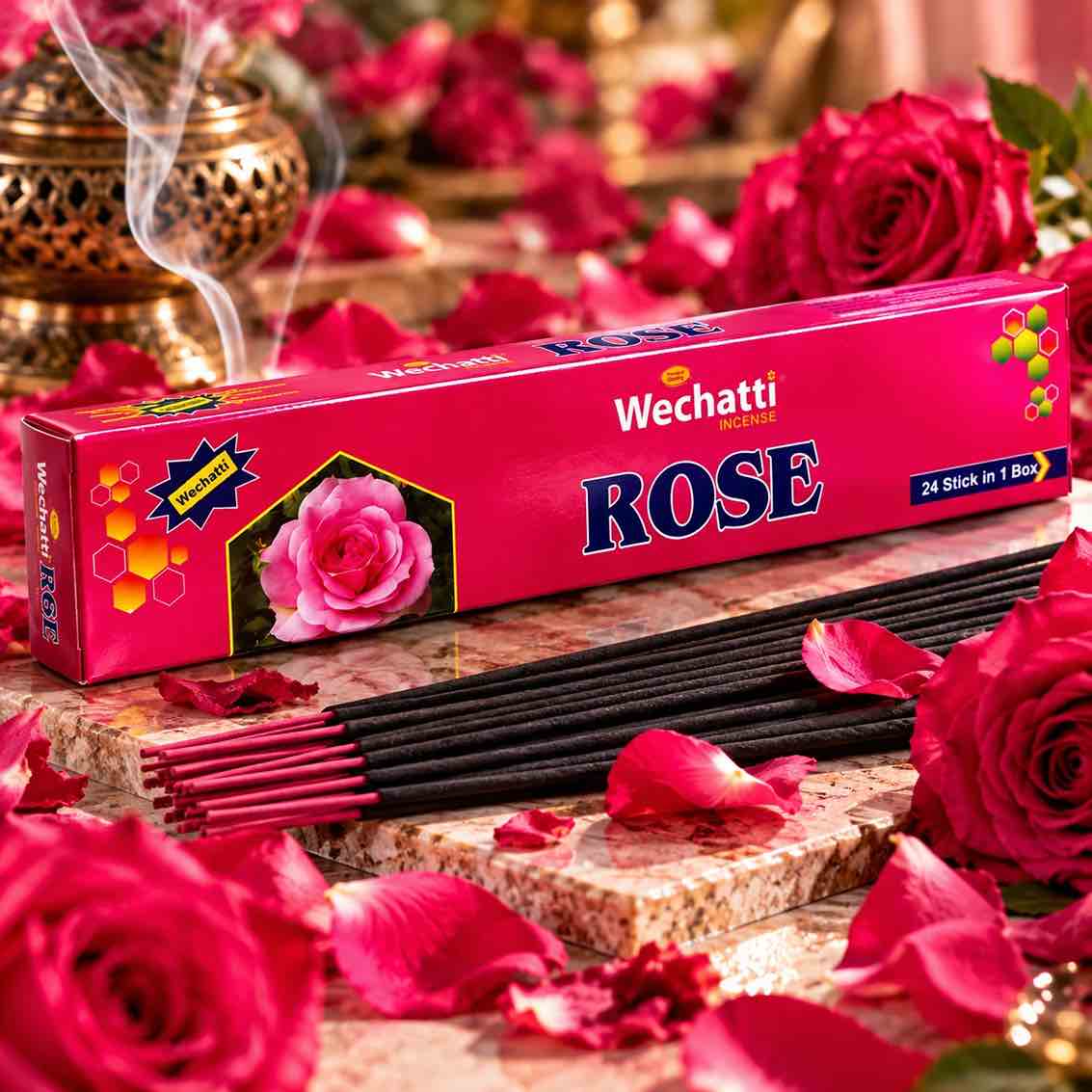 Boîte rose de 24 bâtonnets d’encens Rose WECHATTI Incense illustrée d’une rose