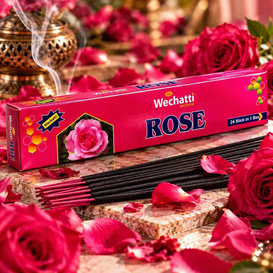 Boîte rose de 24 bâtonnets d’encens Rose WECHATTI Incense illustrée d’une rose