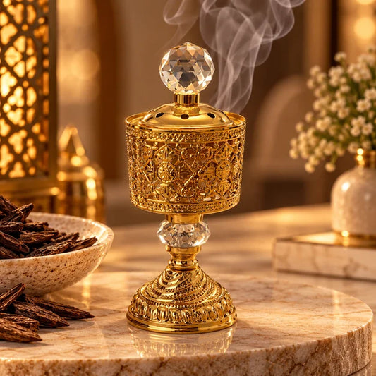 Brûleur d’encens doré sur pied aux motifs floraux ajourés avec couvercle perforé et boule effet cristal