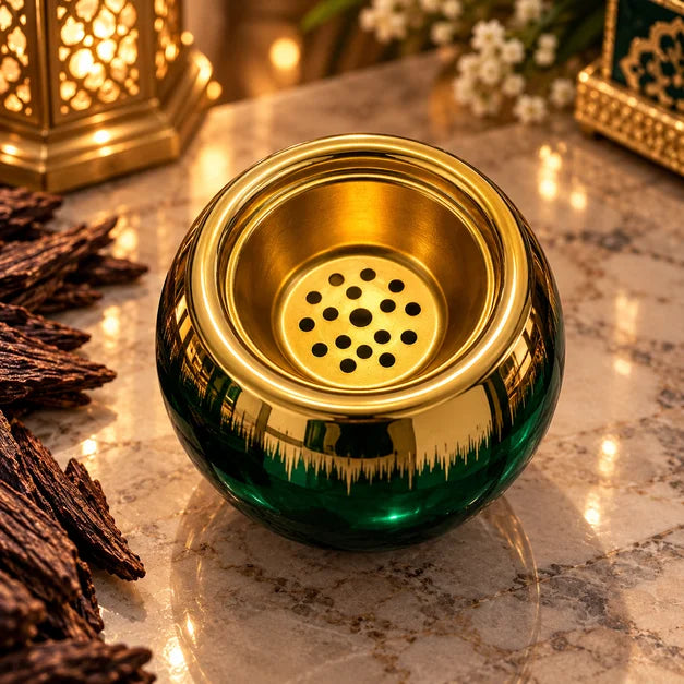 Brûleur d'Encens Oriental Vert Émeraude et Doré – Porte-Bakhoor avec Couvercle