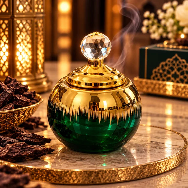 Brûleur d'Encens Oriental Vert Émeraude et Doré – Porte-Bakhoor avec Couvercle
