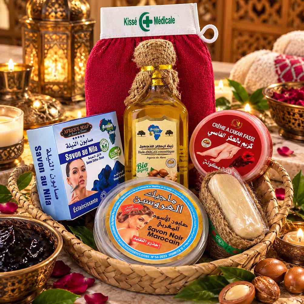 Pack Hammam Marocain Trésors du Souk – Coffret Rituel Complet 6 Produits en Panier Cadeau