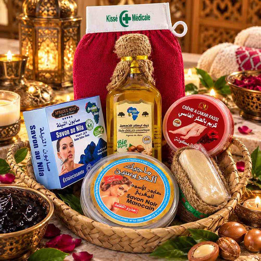 Pack Hammam Marocain Trésors du Souk – Coffret Rituel Complet 6 Produits en Panier Cadeau
