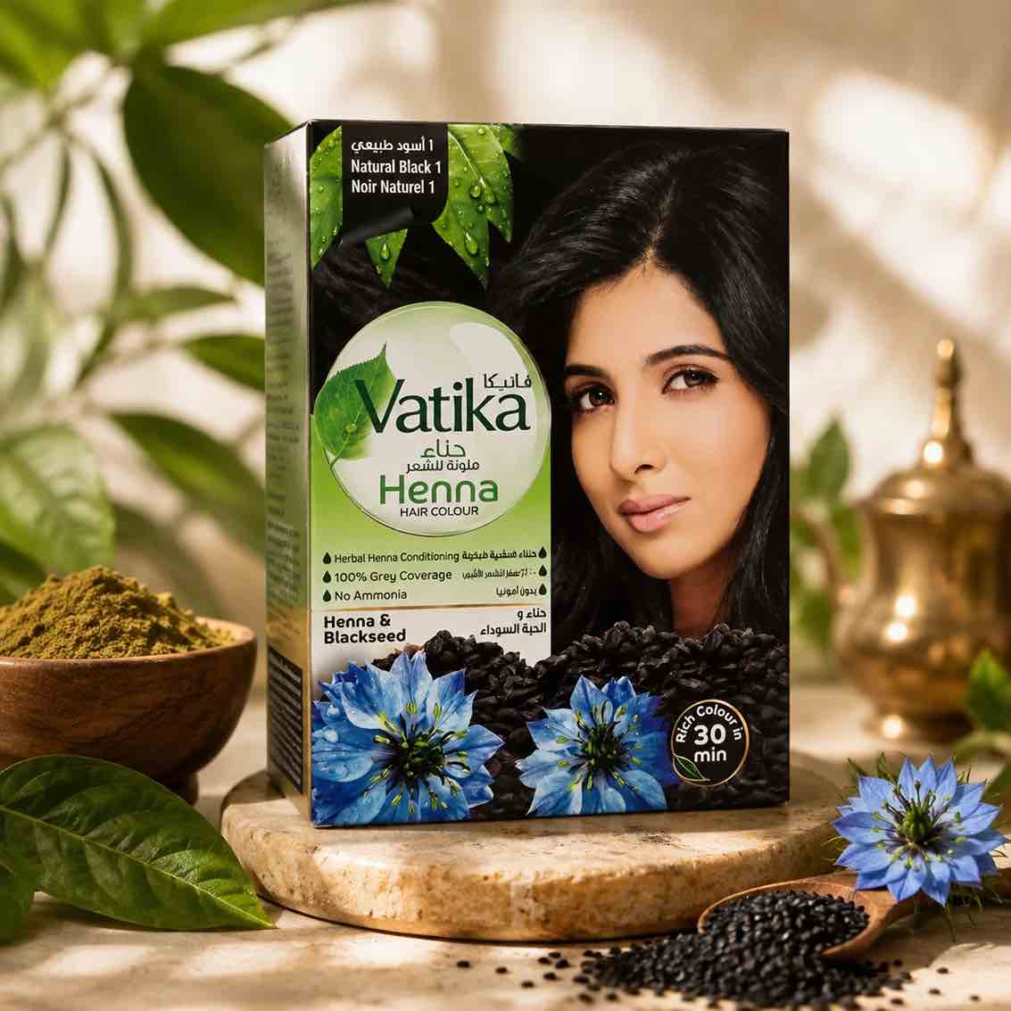 Vatika Black Henna Hair Dye Box of 6 Sachets – Covers Gray Hair