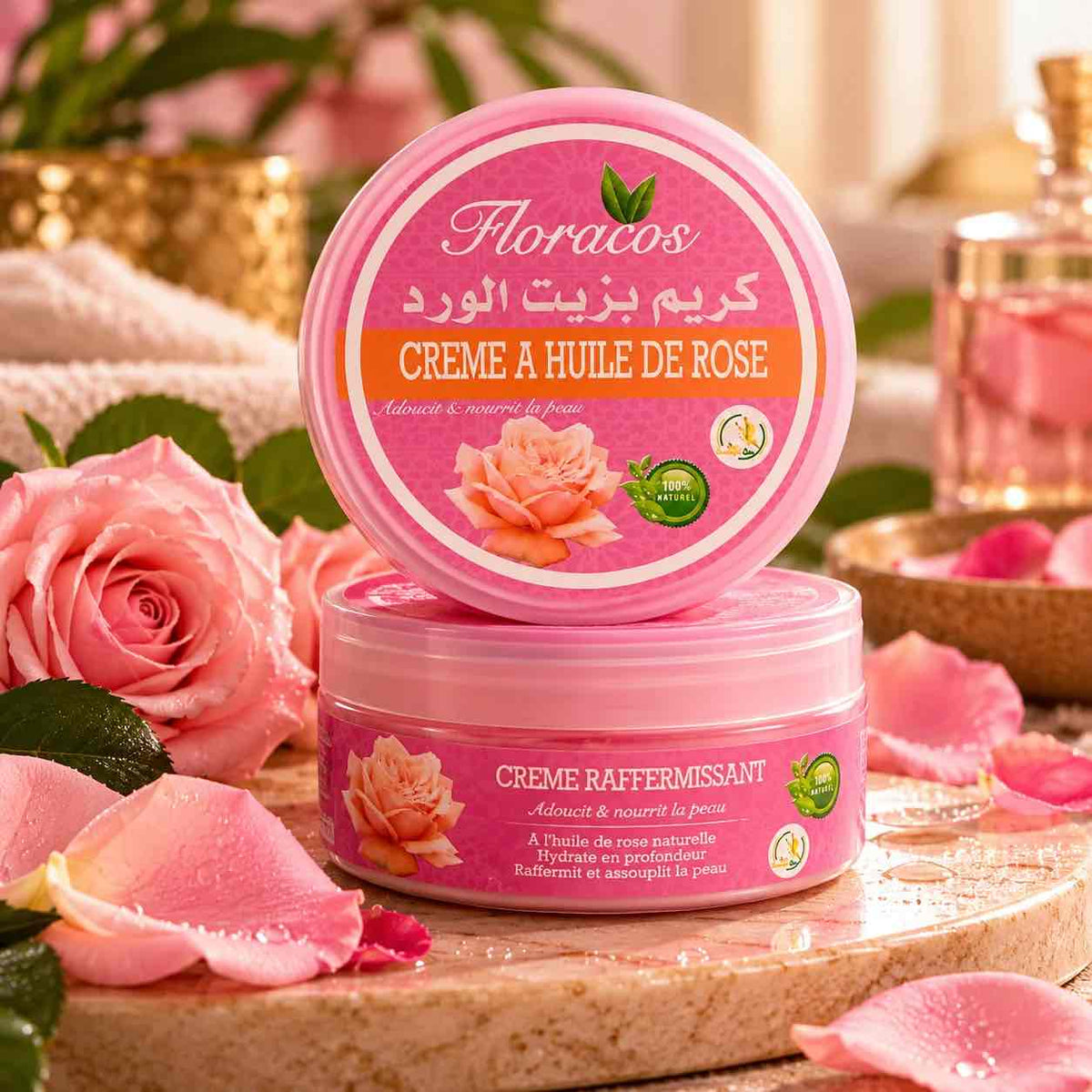 Crème à la rose Floracos à appliquer après la douche ou le hammam, parfumée à l’essence de rose