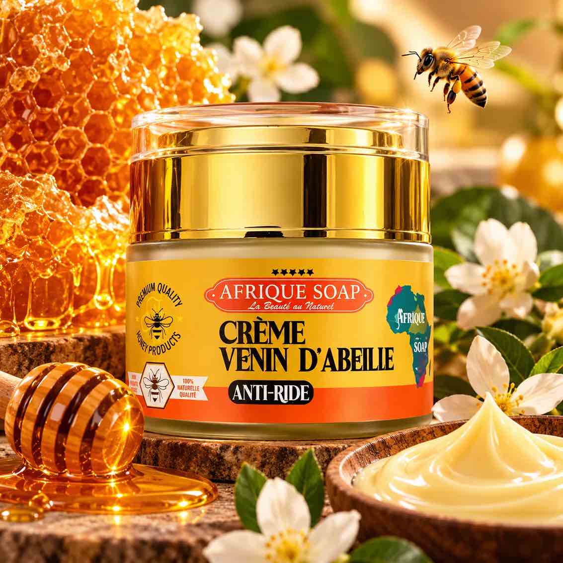 Pot de crème anti-rides au venin d’abeille Afrique Soap, 100 g, karité et amande douce