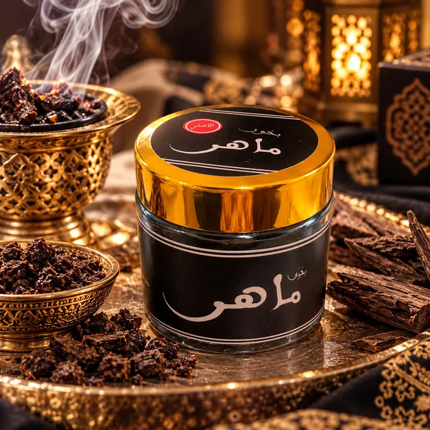 Incenso MAHER in polvere – Bakhoor orientale al legno di oud e note muschiate 80g – barattolo nero
