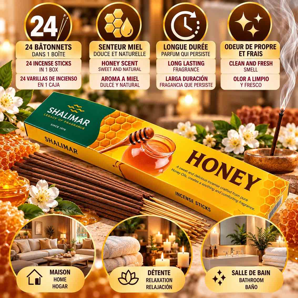 Bâtonnet d’encens Honey SHALIMAR diffusant un parfum doux, sucré et gourmand