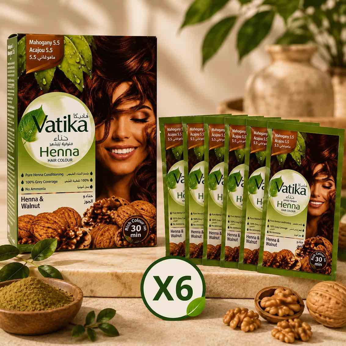 Vatika Mahogany Henna Hair Dye Box of 6 Sachets – Reddish-Brown Highlights