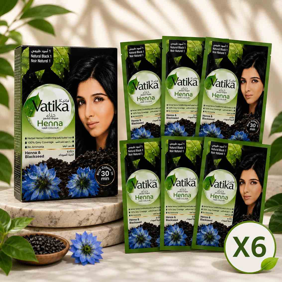 Vatika Black Henna Hair Dye Box of 6 Sachets – Covers Gray Hair