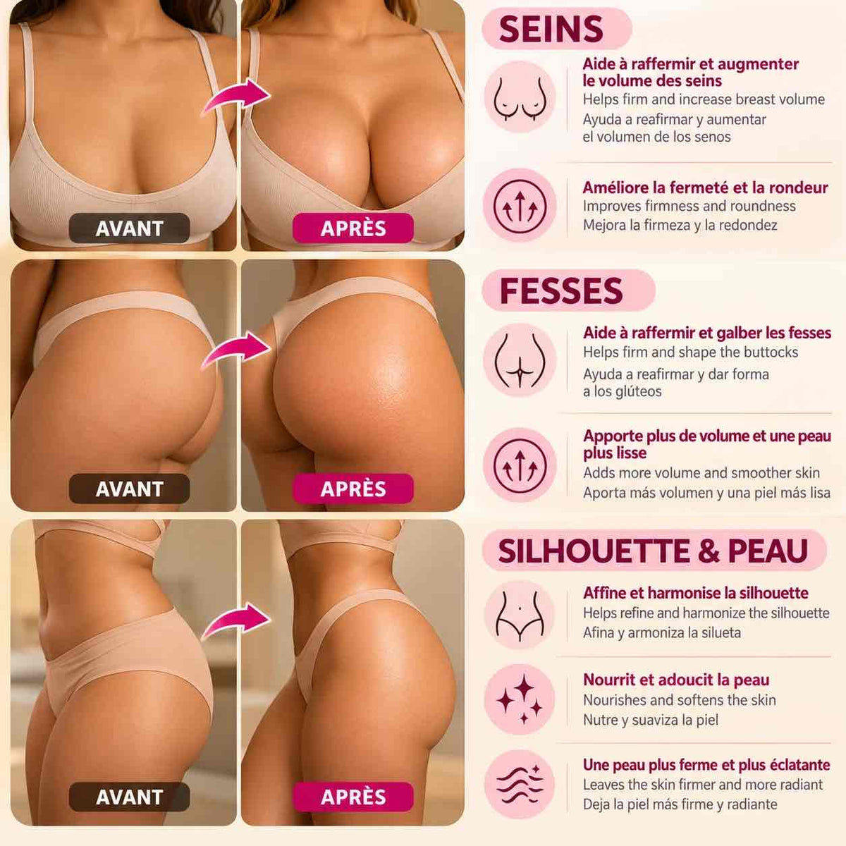 Huile de fenugrec et akpi EL HIKMA en massage circulaire sur les hanches et les fessiers