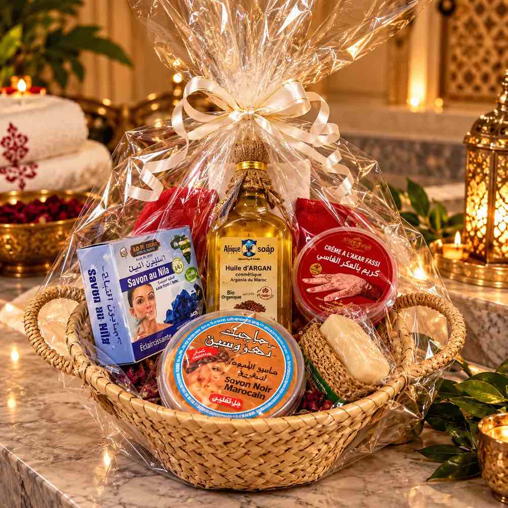 Pack Hammam Marocain Trésors du Souk – Coffret Rituel Complet 6 Produits en Panier Cadeau