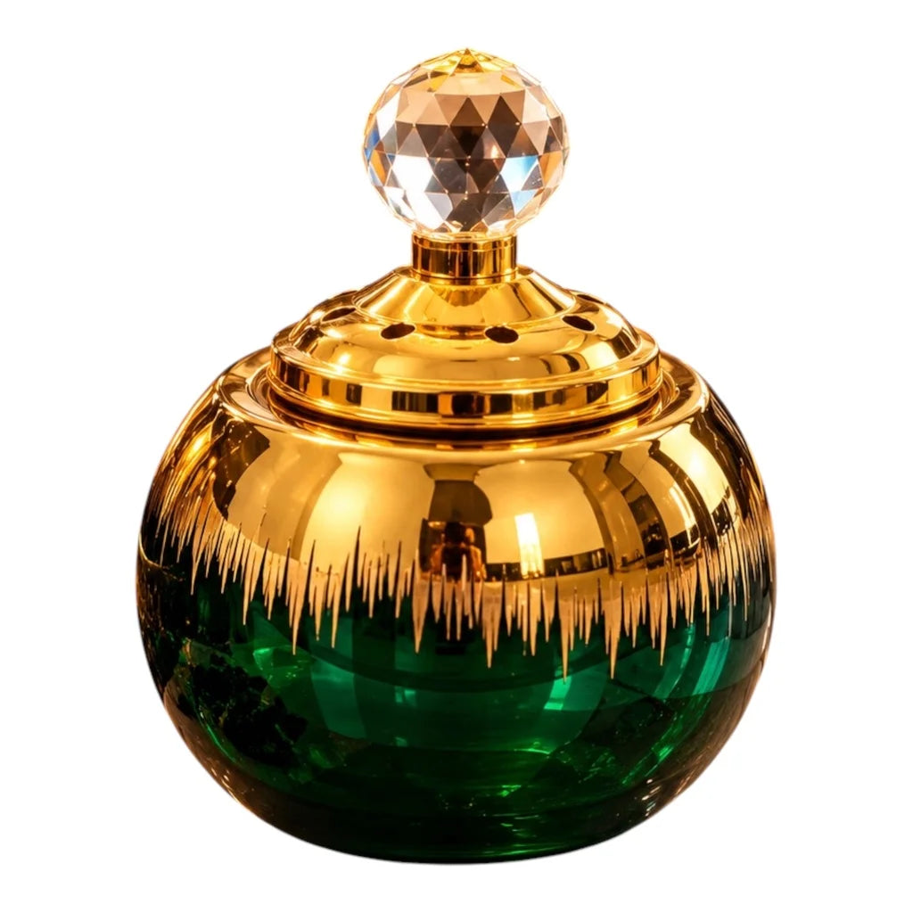 Brûleur d'Encens Oriental Vert Émeraude et Doré – Porte-Bakhoor avec Couvercle