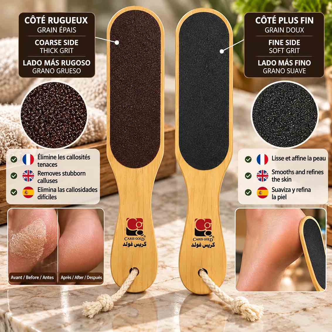 Râpe à pieds double face Caris Gold en bois pour éliminer les peaux mortes et les callosités des talons.
